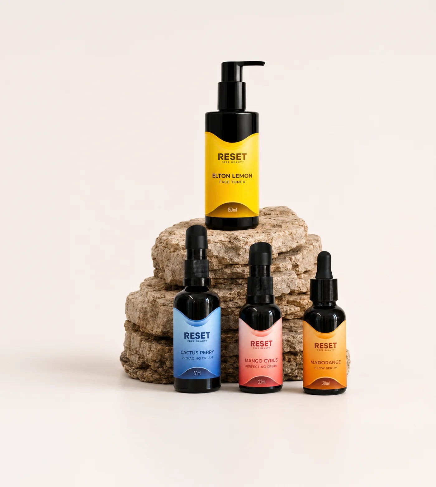 Los productos de Reset Free Beauty sobre piedras